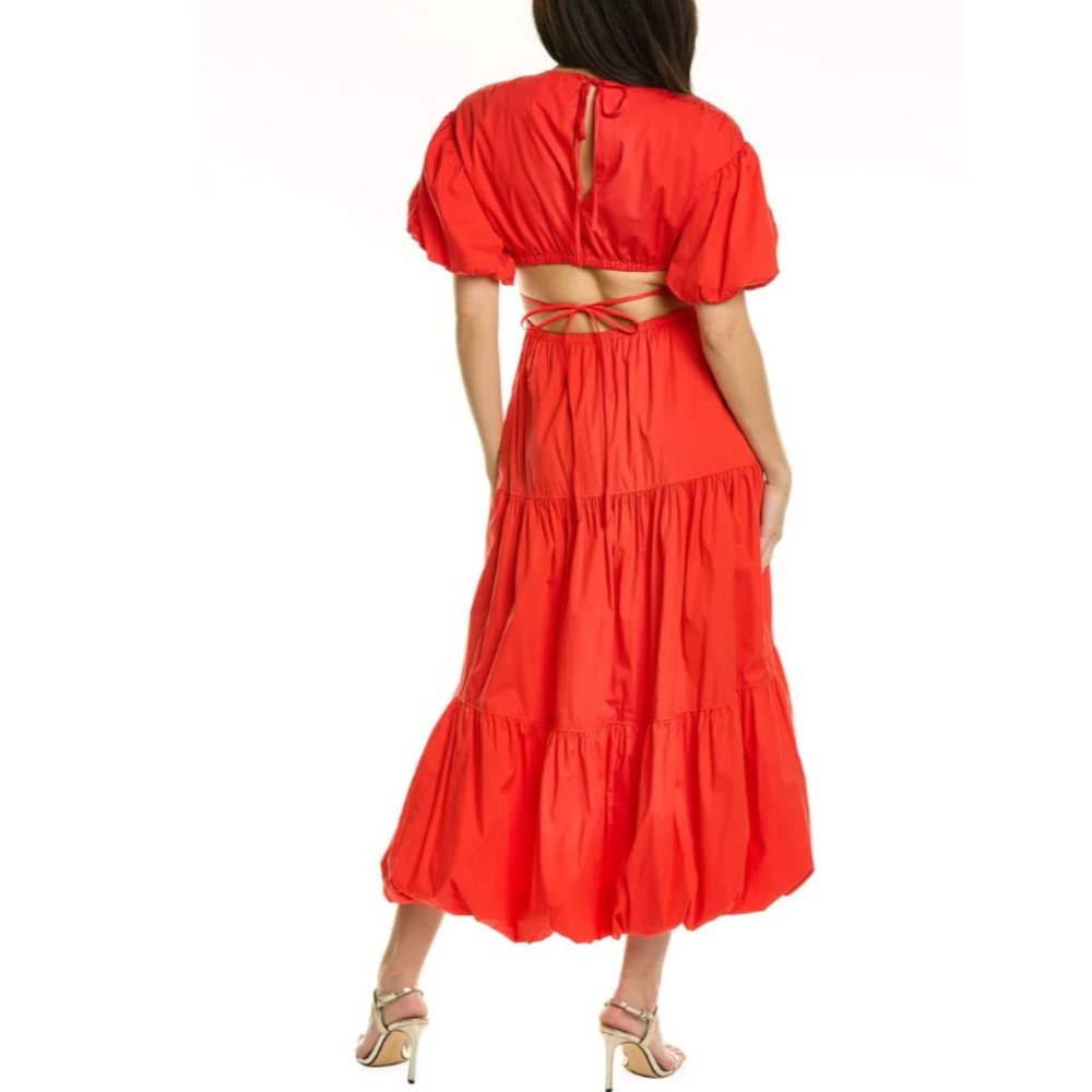 NWT Cinq à Sept Red Maisey Midi Dress, Open Back, Puff Sleeves, size 10